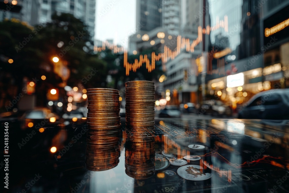 Poster graph with double exposure, showcasing stock displays and rows of coins to represent the finance and