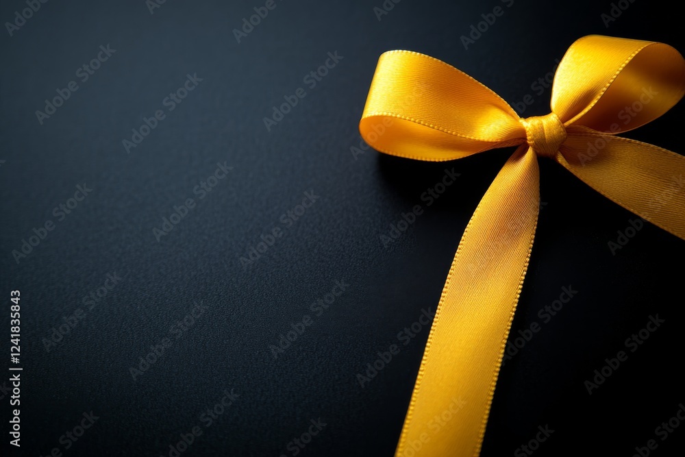 Poster a single golden ribbon is tied in an elegant bow, resting diagonally on a matte black surface. soft 