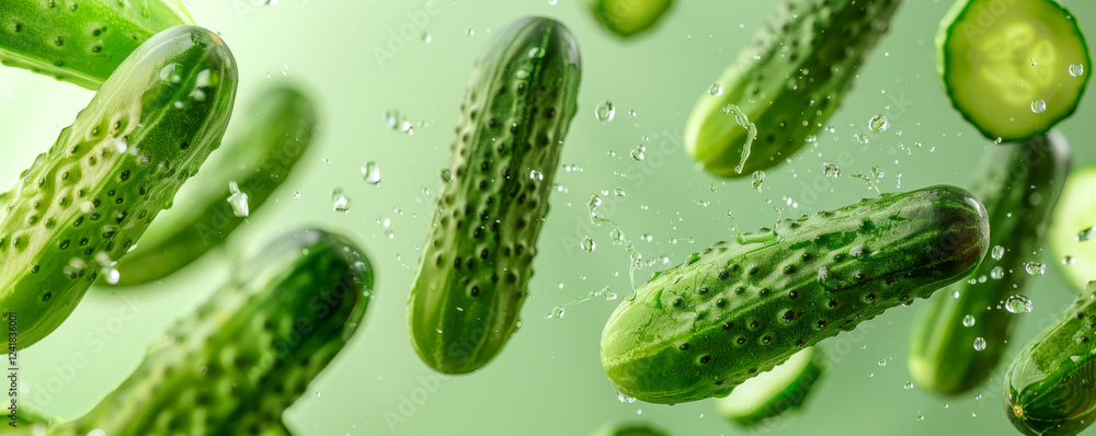 Poster whole and sliced cucumbers are floating in mid-air with water droplets around. concept of freshness 