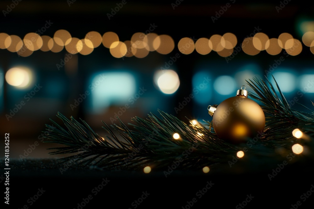 Aufkleber snow-covered pine branch adorned with a golden bauble and glowing white lights captures the essence 
