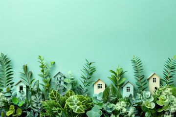 Miniature house models nestled among vibrant green leaves on a light green background. Concept of sustainability and green living. For environmental concepts.