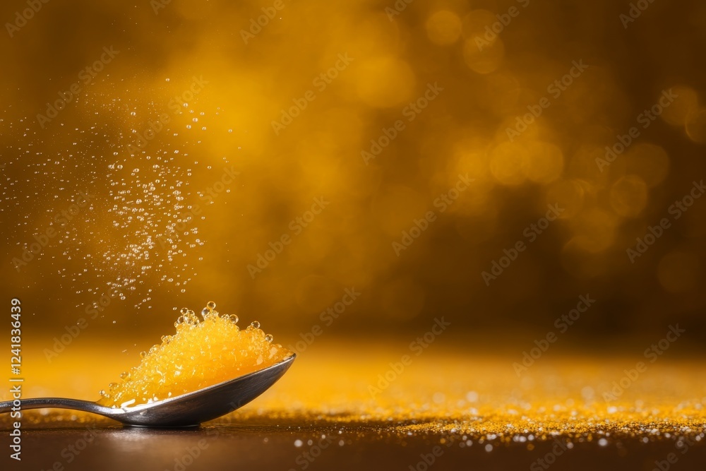 Poster golden honey slowly drips from a silver spoon, forming a cascading stream adorned with tiny air bubb