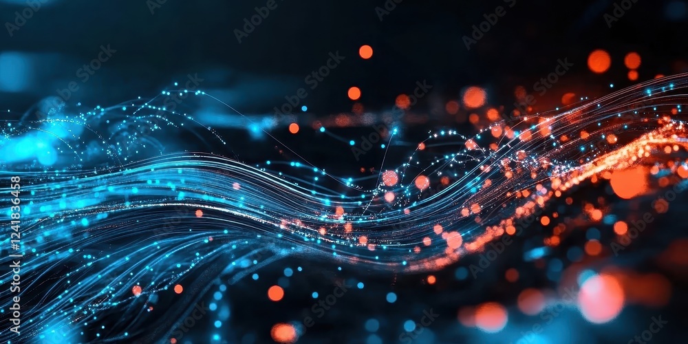 Poster dynamic digital network visualization with glowing blue elements abstract environment data-driven co