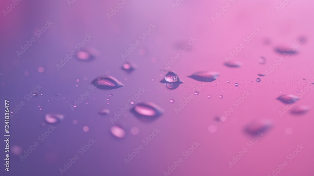 Poster Individual water droplets sit on a smooth blue surface, reflecting light and creating a fresh feel with a gradient backdrop adding depth and empty space for text