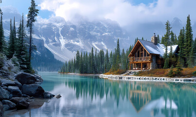 Fototapeta premium House by a Still Lake Surrounded by Snowy Peaks – A Winter Wonderland Retreat for Tranquility