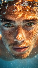 Close-Up Portrait of Young Man Underwater with Bright Golden Light
