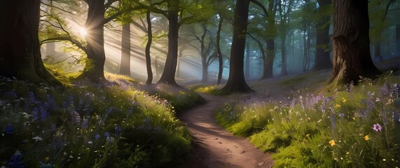 Tranquil forest path winding through ancient trees and blooming wildflowers
