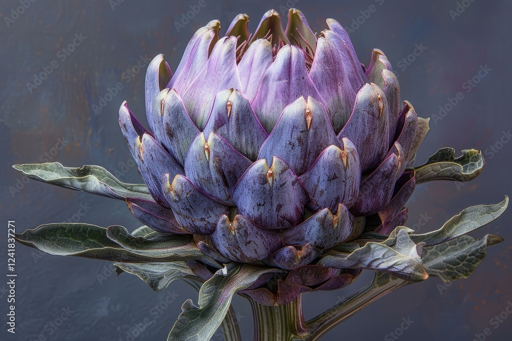 Poster close up of a vibrant purple artichoke showcasing its intricate layers and delicate texture against 