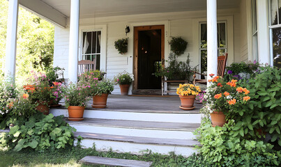 Obraz premium Beautiful Country Home with Front Porch and Potted Plants – A Charming, Welcoming Space for Relaxation