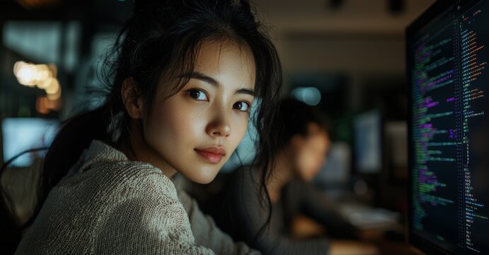 Adult Asian freelance typists utilizing an AI bot and IT app to craft content, programming smart apps for nomad use, engaging with video games, operating a terminal with coding languages, designing