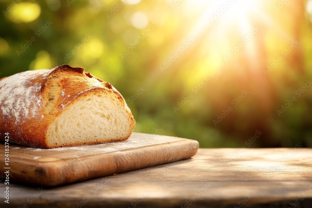 Poster a loaf of artisan bread rests on a wooden cutting board, softly illuminated by natural light streami