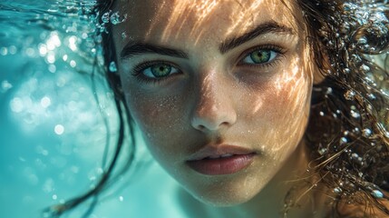 Close-Up of Young Woman Underwater with Sparkling Eyes and Hair