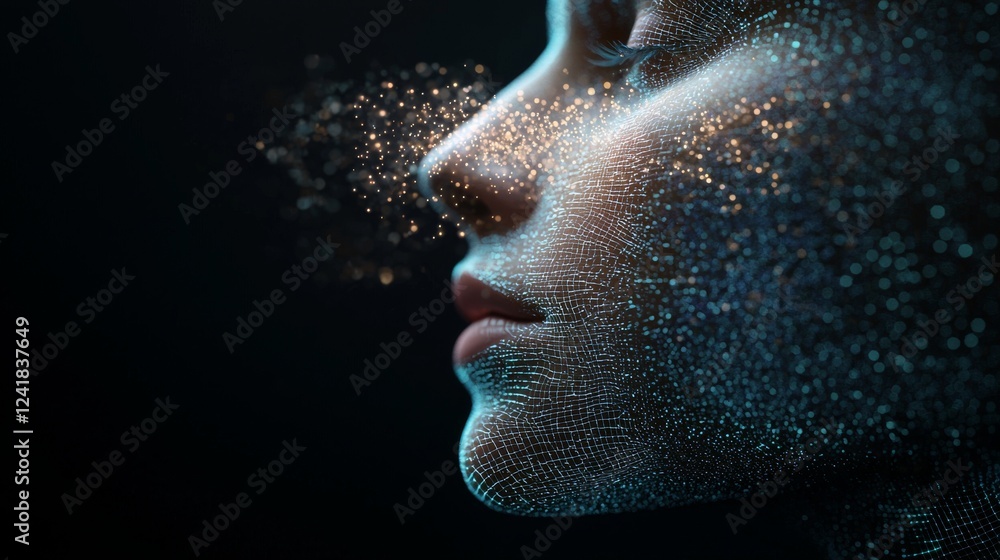 Poster an abstract stock face generated by a neural network machine learning system, utilizing big data, mo