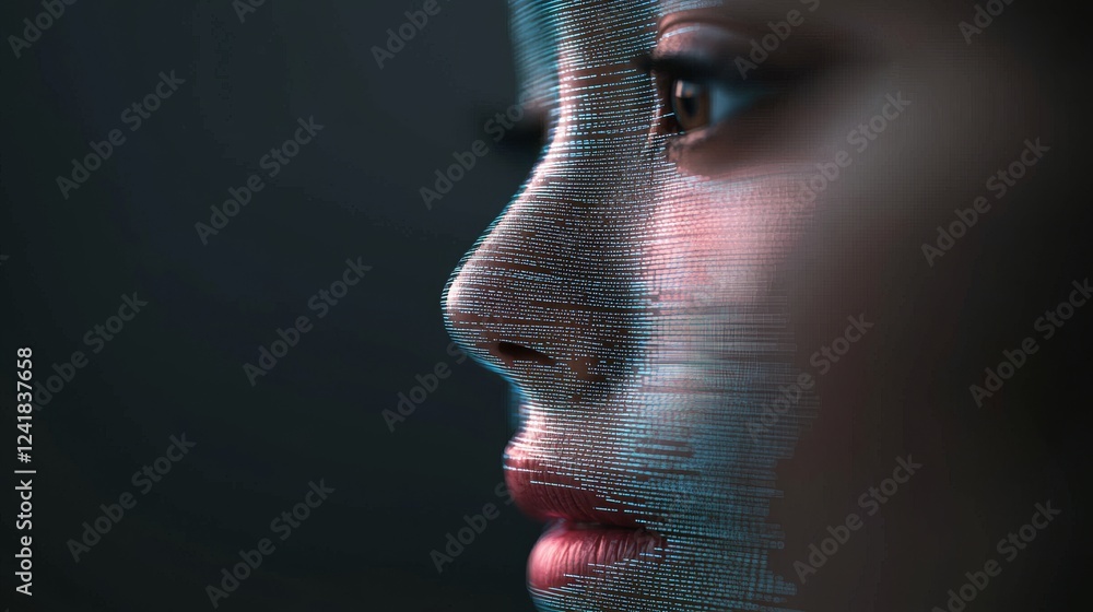 Poster stock abstract face crafted by a neural network machine learning system, driven by big data, modern 
