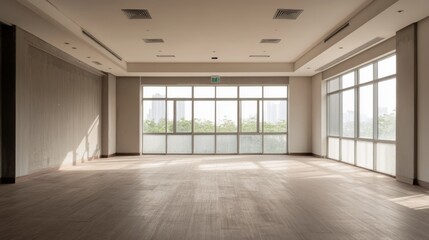 Obraz premium Empty modern office space with city view, sunlight