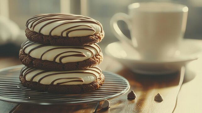   A plateau of biscuits atop a metallic stand near a mug of java on an oak surface