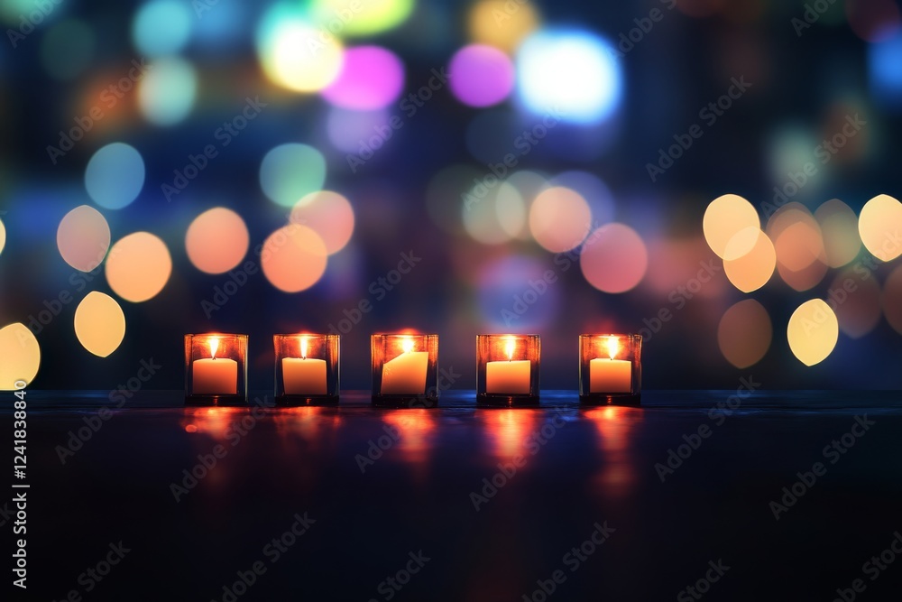 Poster blurry lights form a vibrant bokeh background while glowing financial symbols and streaks of light r