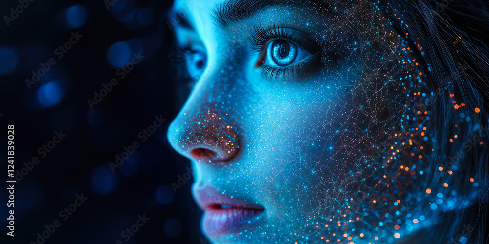 Poster digital face recognition concept with advanced ai network visualization in futuristic design