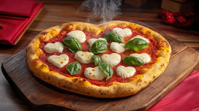 A steaming heart-shaped pizza topped with fresh basil and mozzarella