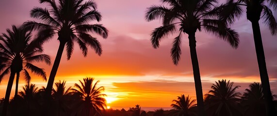 Naklejka premium Vibrant sunset view framed by tall palm trees inviting a sense of paradise