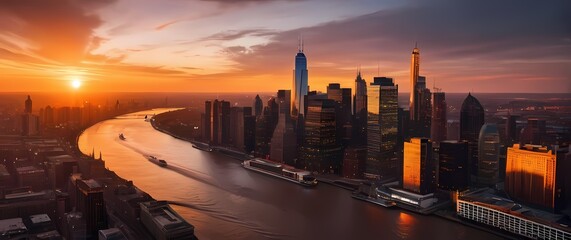 Fototapeta premium Vibrant sunset illuminating the iconic skyline of a famous city beyond the river
