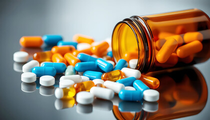 Assorted colorful capsules and tablets spilling from amber prescription bottle, symbolizing healthcare, medication, pharmacy, and treatment concepts