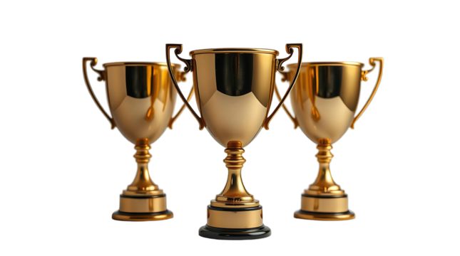 Photo of golden trophy cups isolated on transparent background