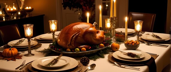 Warm and inviting Thanksgiving dinner set beautifully on an elegantly decorated table