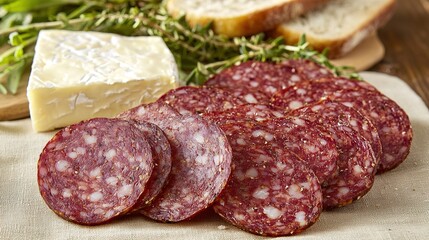 Rustic table setting featuring spicy salami slices cozy kitchen culinary delights natural vibes close-up food aesthetics