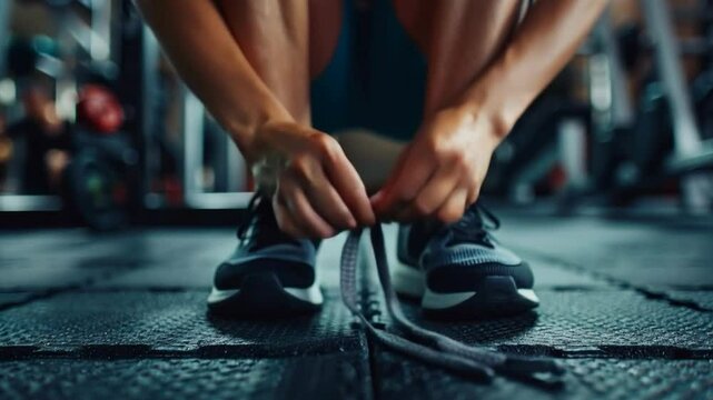 Video with hands of man tying laces on trainers in gym, dark lighting, sports equipment in the background, suitable for advertising sportswear, shoes, fitness clubs.
