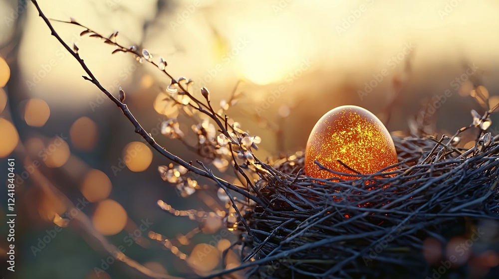 Wall mural   A bird's nest with an egg, captured in a close-up shot against a sunny backdrop