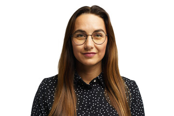 Woman with long hair and glasses wearing a black polka dot shirt poses for a professional portrait