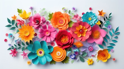 Bright paper flowers on a white background with free space. A holiday greeting card.