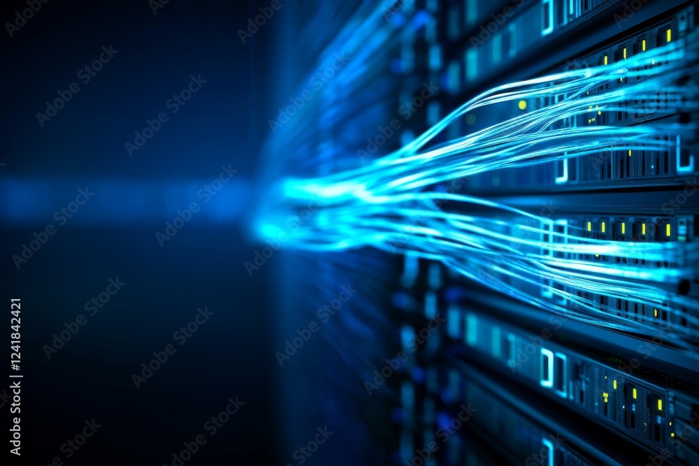 Poster A glowing stream of encrypted data represented by vibrant lines and lock symbols flows against a deep blue technological backdrop, inviting further exploration