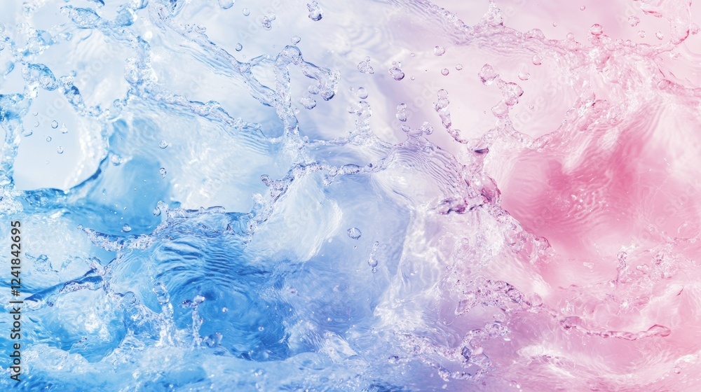 Poster splashing water with blue and pink color gradient on surface for textures and patterns