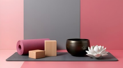 minimalistic yoga arrangement with wooden blocks and tibetan singing bowl on pink and gray background for balance