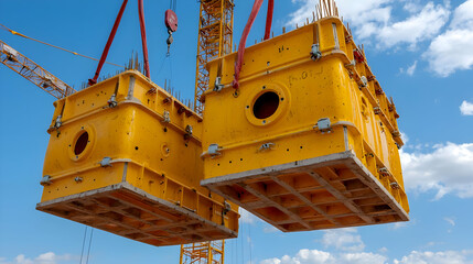 Fototapeta premium Crane lifts building precast sections; blue sky. Construction site