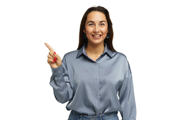 Woman in a light blue shirt smiling and pointing while promoting an idea in a bright environment