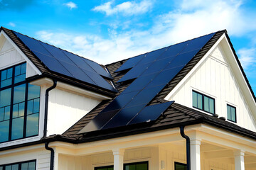A newly built house with solar panels attached on the roof against a sunny day, cloudy sky.