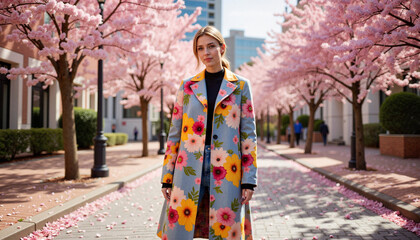 Fototapeta premium Stylish woman enjoying spring blooms on cobblestone street, seasonal beauty