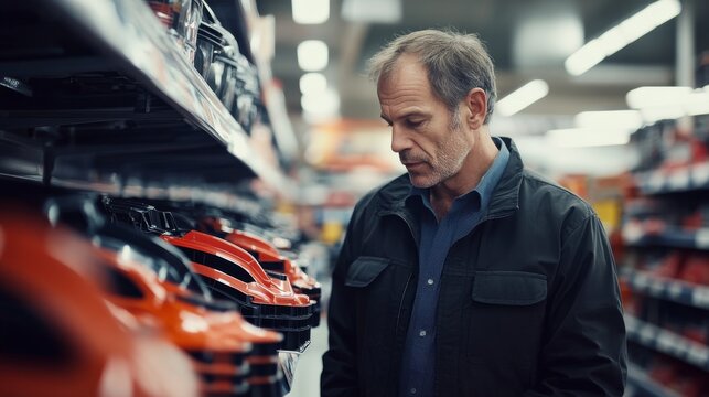 A man in a casual jacket closely inspects a car part package on a neatly arranged shelf in a hardware aisle of a brightly lit store, suggesting careful consideration