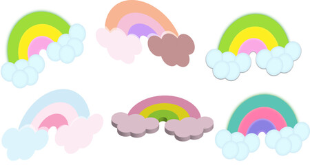 A set of colorful rainbows with clouds.