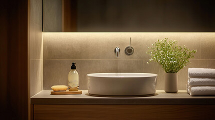 Fototapeta premium A white sink sits atop a counter, beside a vase brimming with flowers and a bottle of lotion