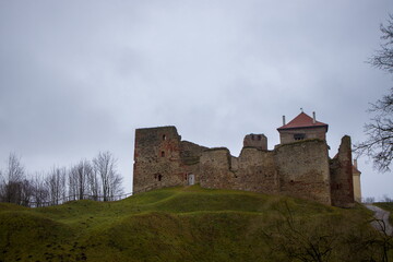 Fototapeta premium Bauska Castle in Latvia, with its medieval towers and red tiled roof.