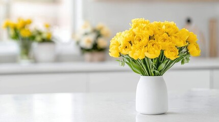 Yellow flowers in vase on kitchen counter