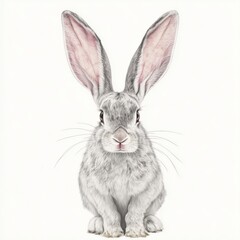 Obraz premium A fluffy gray rabbit sitting upright with large ears against a white background.