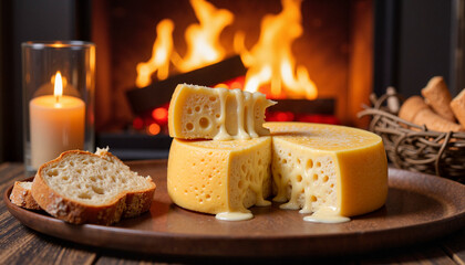 Melted cheese wheel with bread in cozy fireplace setting, romantic evening