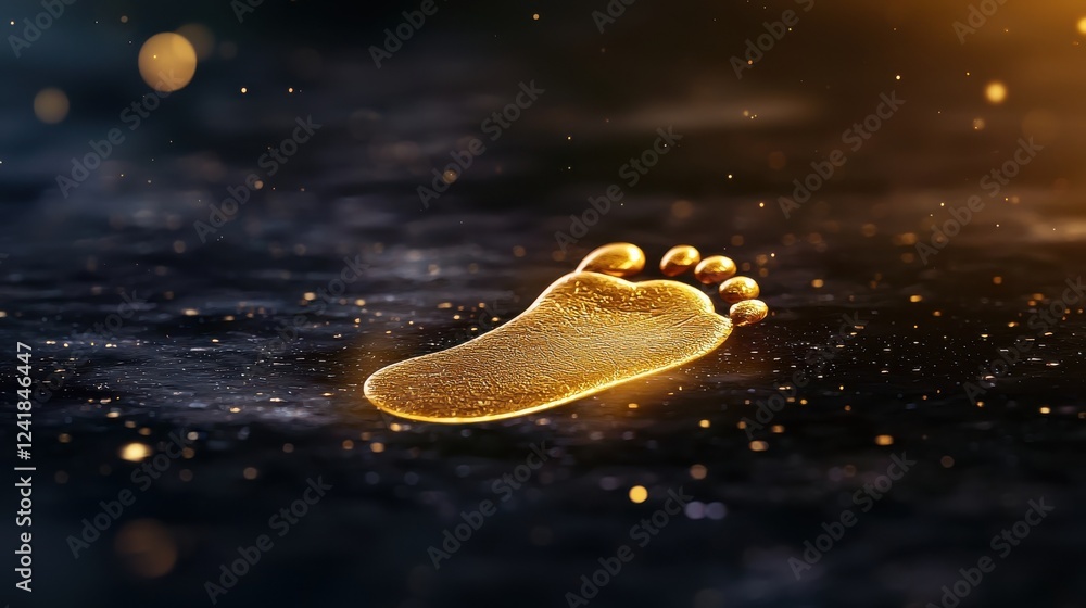 Poster golden footprint on dark textured background, shimmering golden particles create the footprint shape