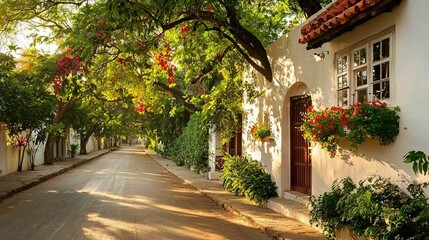 Fototapeta premium Street adorned with trees, flowers, white building, red shutters, and red-tiled roof
