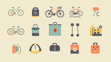 Cycling Gear Icons Bicycle accessories, tools, and bags;  pastel background; website design elements